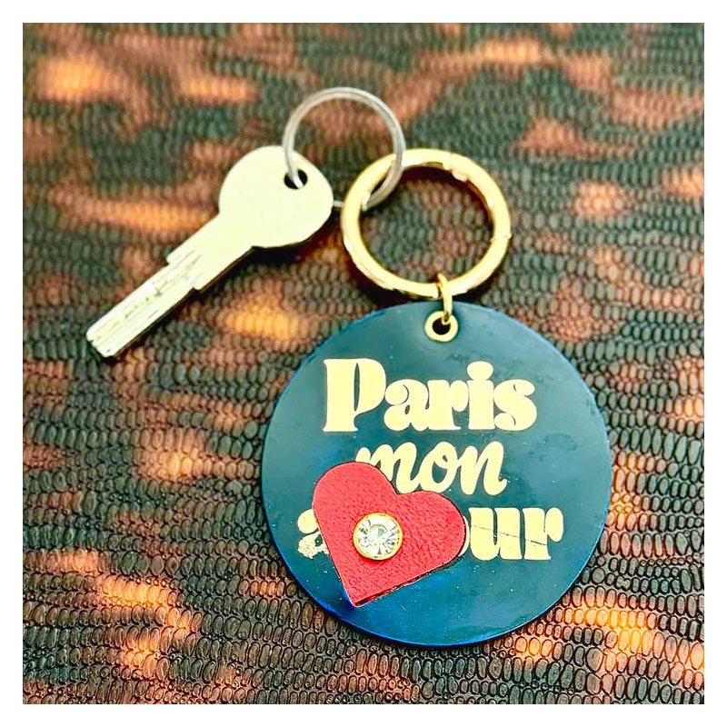 porte clé paris mon amour cuir upcyclé marine, marquage or