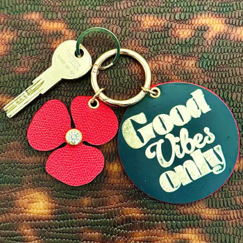 red Camellia leather flower charm – crystal center, handmade in Paris