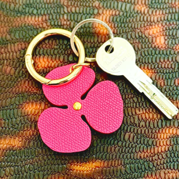 pink Camellia leather flower keyring charm – crystal center, handmade in Paris