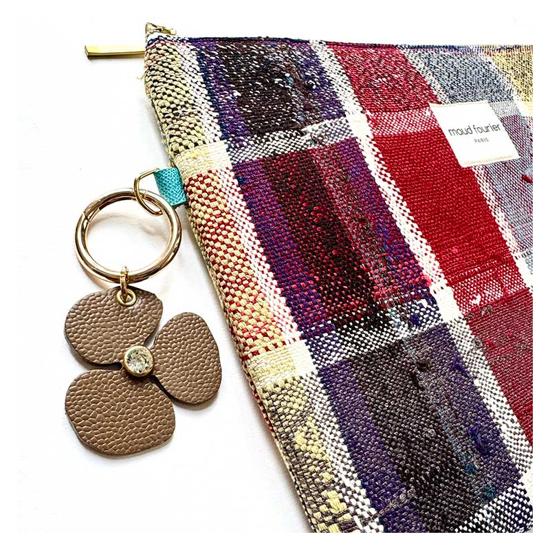 beige Camellia leather flower charm – crystal center, handmade in Paris