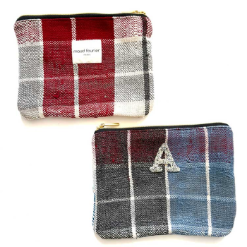 Makeup pouch in upcycled fabric, customizable with rhinestone initials