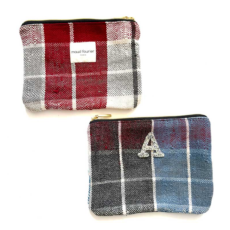 Trousse maquillage artisanale en tissu upcyclé, pièce unique, multicolore, personnalisable avec strass