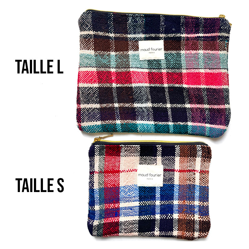 Multicolour check detail on upcycled Berber blanket pouch