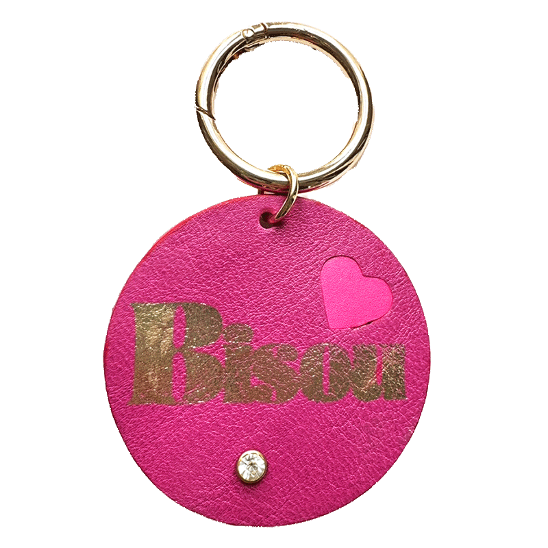 Keyring bisou pink upcycled leather and gold made in france