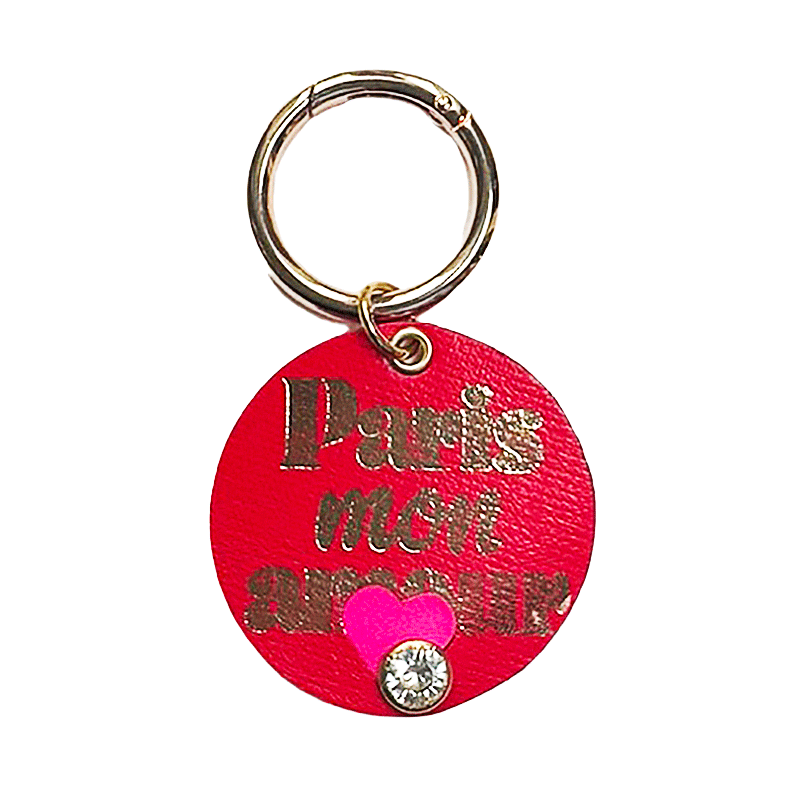 gold hot stamped Keyring Paris Mon Amour Upcycled Pink and red leather