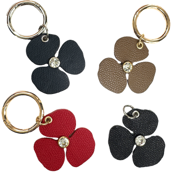 Camellia leather flower charm – crystal center, handmade in Paris