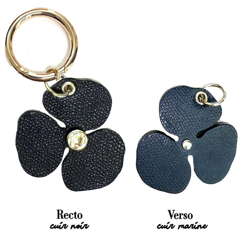 Camellia leather charm black – silver finish, handmade in Paris