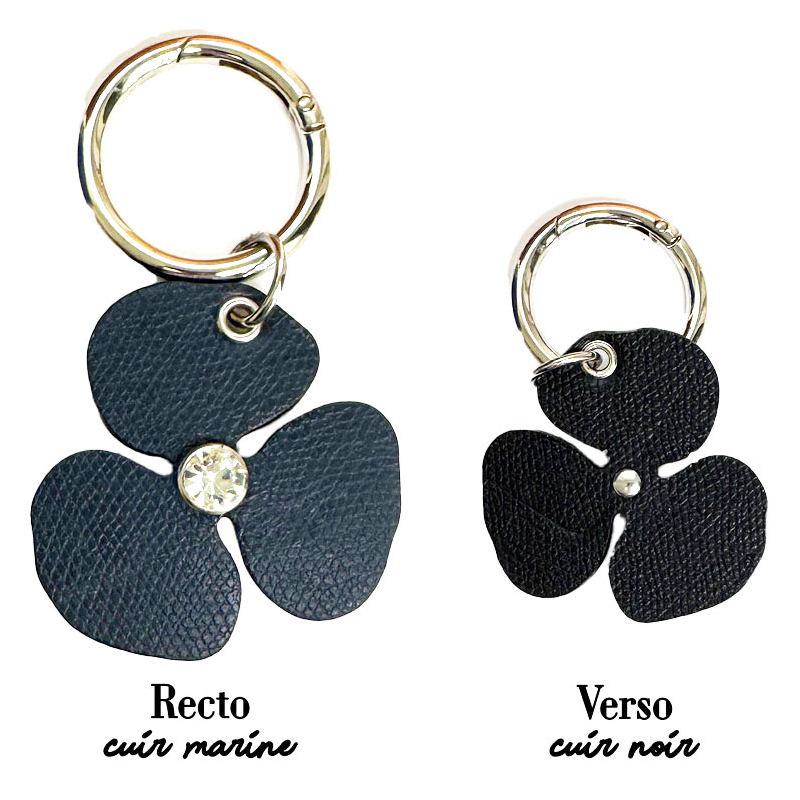 Camellia leather charm navy/black – silver finish, handmade in Paris