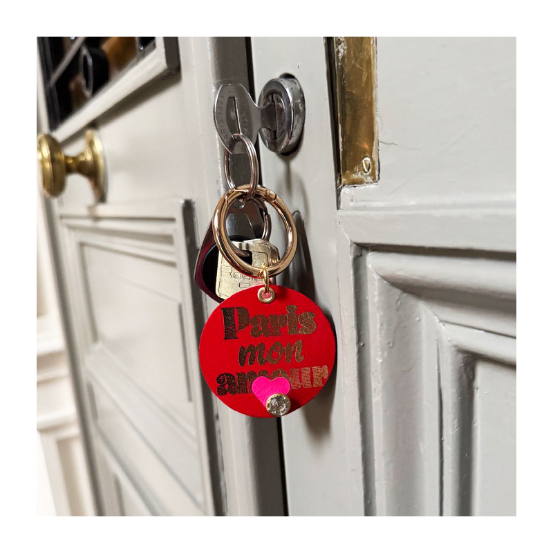 Keyring Paris Mon Amour Upcycled Pink and red leather