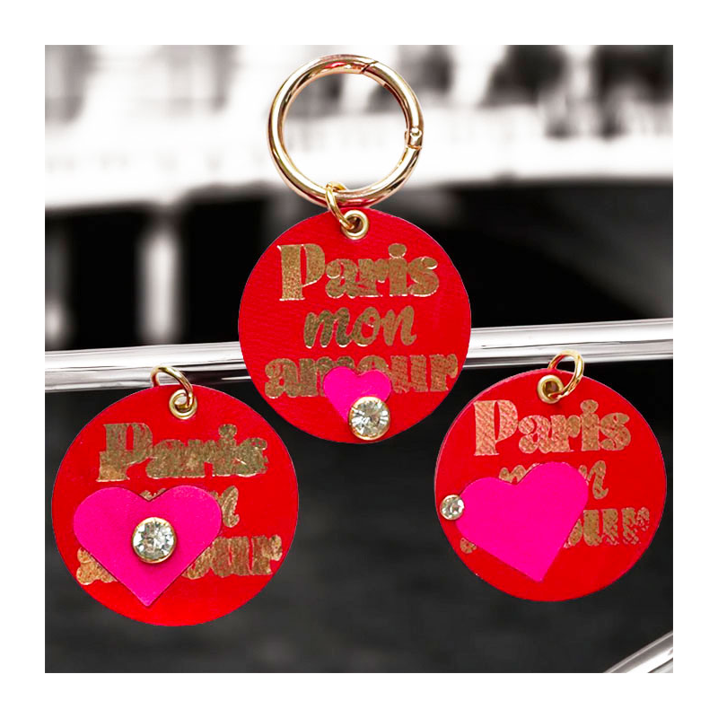 red Keyring Paris Mon Amour Upcycled Pink and red leather