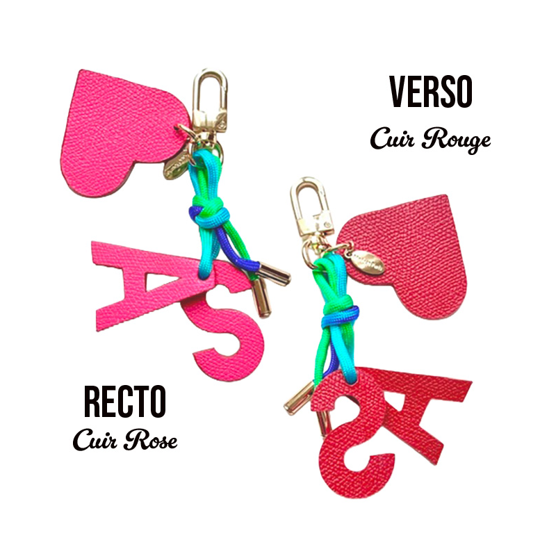 Initial leather bag charm with heart on multicolour paracord handmade