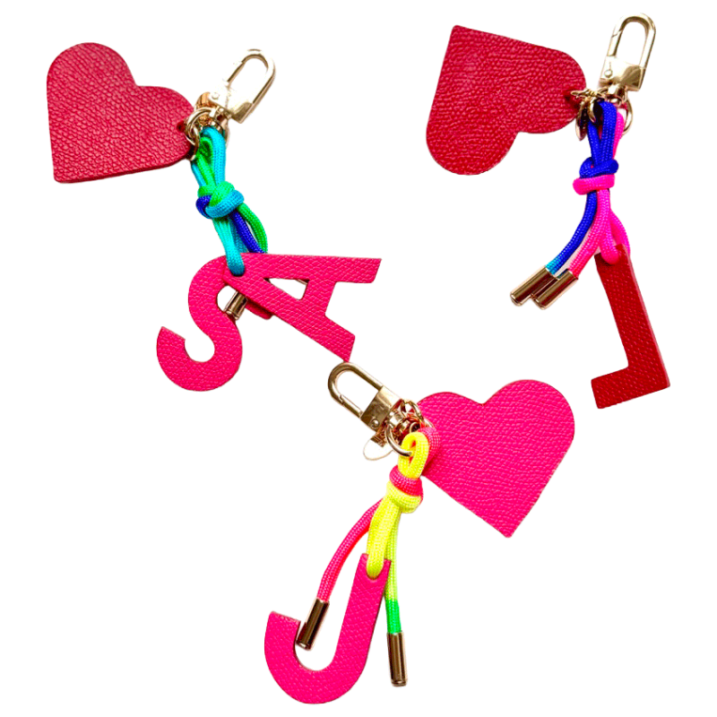 Initial leather bag charm with heart on multicolour paracord made in paris