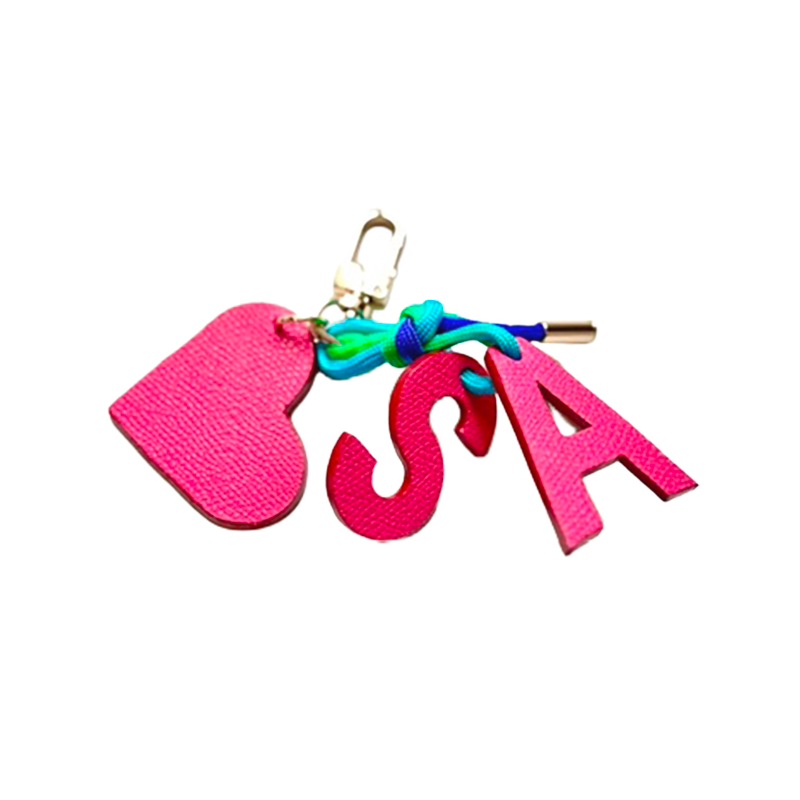 Initial leather bag charm with heart on multicolour paracord two tones