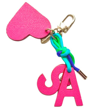 Initial leather bag charm with heart on multicolour paracord