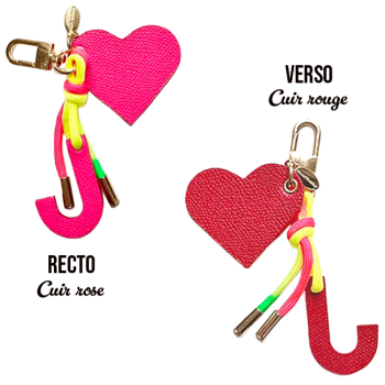 Initial leather bag charm with heart on multicolour paracord — Handmade in Paris