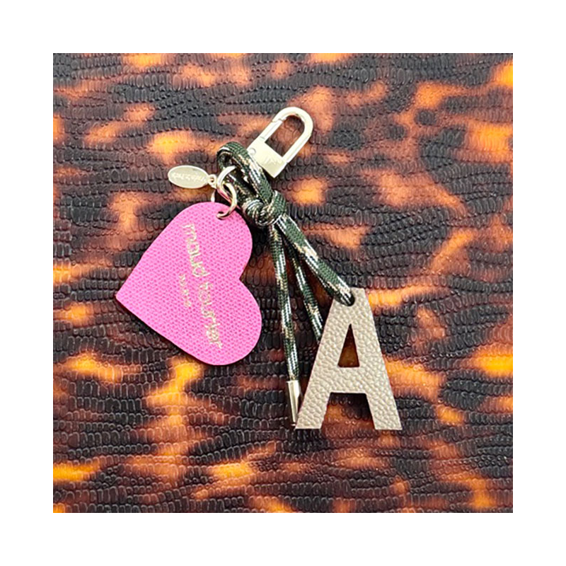 Initial leather bag charm with heart on kaki paracord