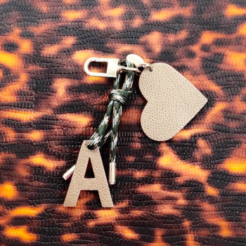 Initial leather bag charm with heart on kaki paracord made in paris