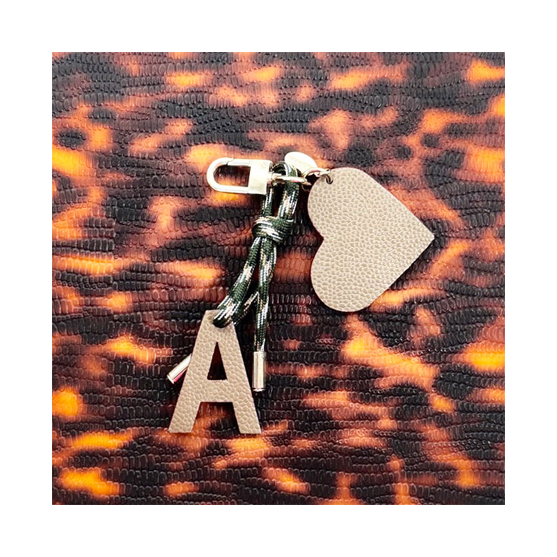 Initial leather bag charm with heart on kaki paracord made in paris
