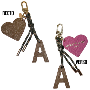 Initial leather bag charm with heart on kaki paracord made in france