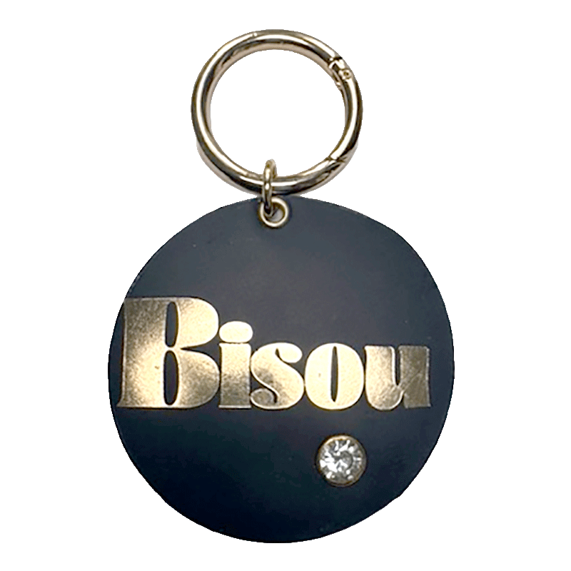 Keyring navy upcycled leather "Bisou" gold hot stamped
