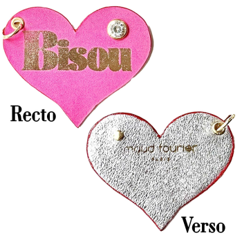 Bijou de sac cuir upcyclé rose Coeur Bisou - marquage doré