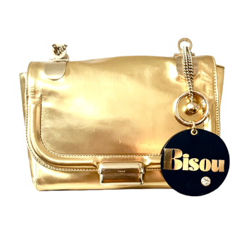 Keyring navy upcycled leather "Bisou" gold hot stamped