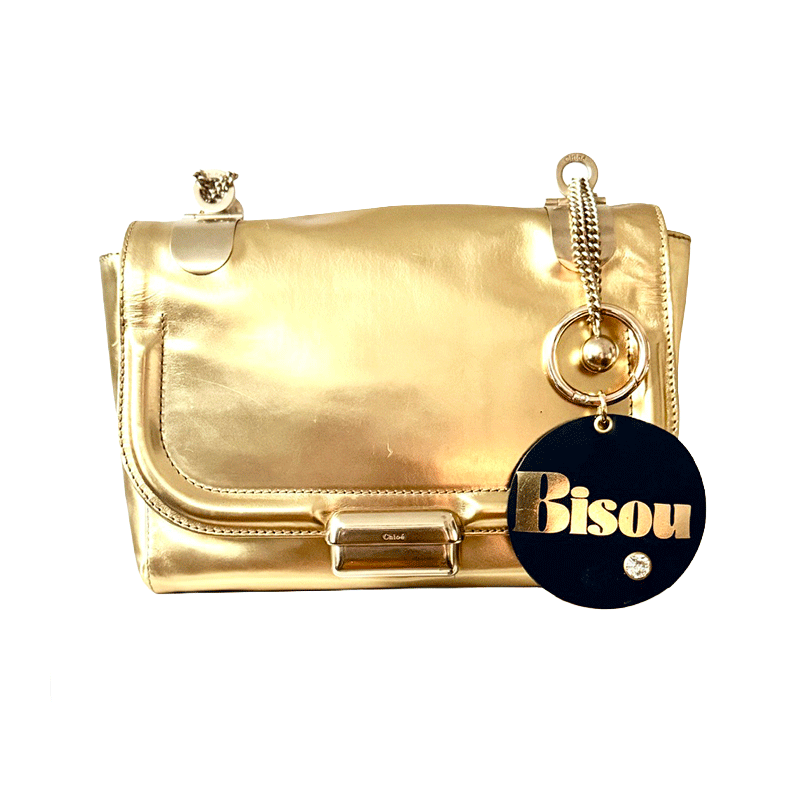 Keyring navy upcycled leather "Bisou" gold hot stamped