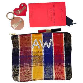 Trousse maquillage artisanale en tissu upcyclé, pièce unique, multicolore, personnalisable avec strass