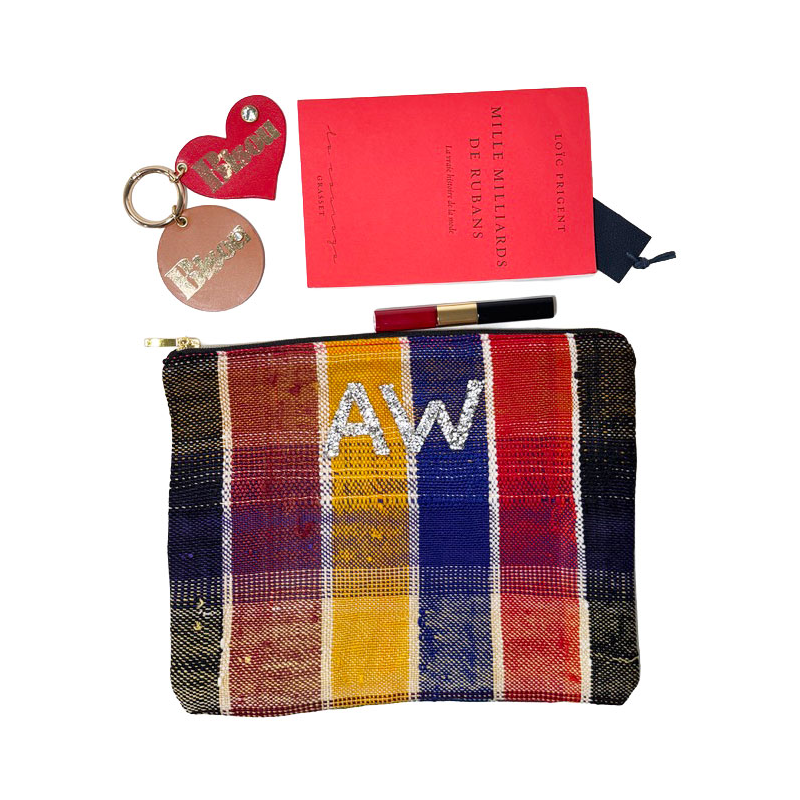 Trousse maquillage artisanale en tissu upcyclé, pièce unique, multicolore, personnalisable avec strass