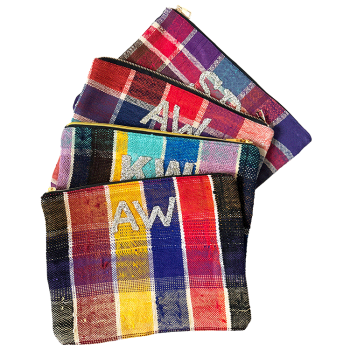 Colorful artisan pouch, unique pattern, customizable with rhinestone initials