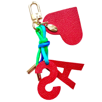 Initials leather bag charm with heart on multicolour paracord — Handmade in Paris
