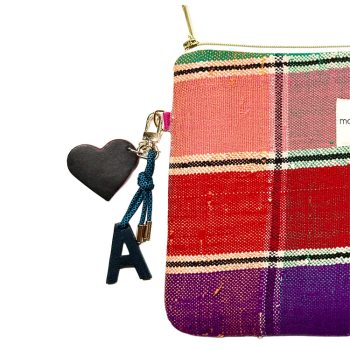 Initial leather bag charm with heart on kaki paracord — Handmade in Paris