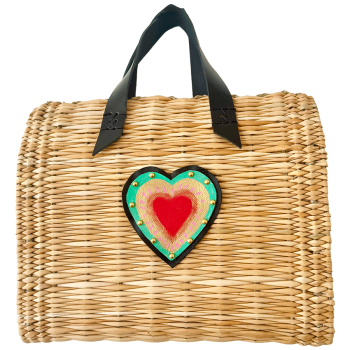 woven reed basket leather heart patent handles