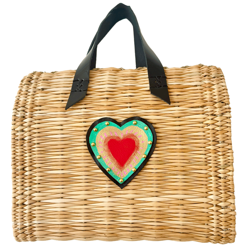 woven reed basket leather heart patent handles
