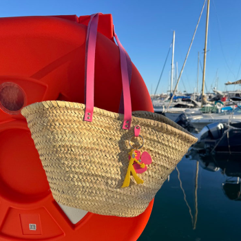 Custom straw Beach Basket with Pink Upcycled Leather