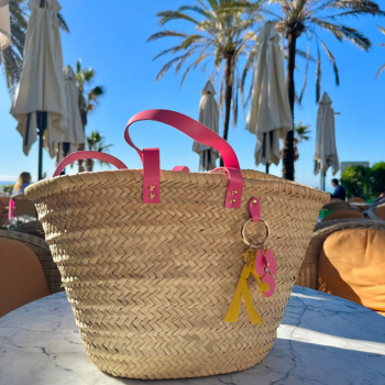 Handwoven straw basket Morocco pink handles
