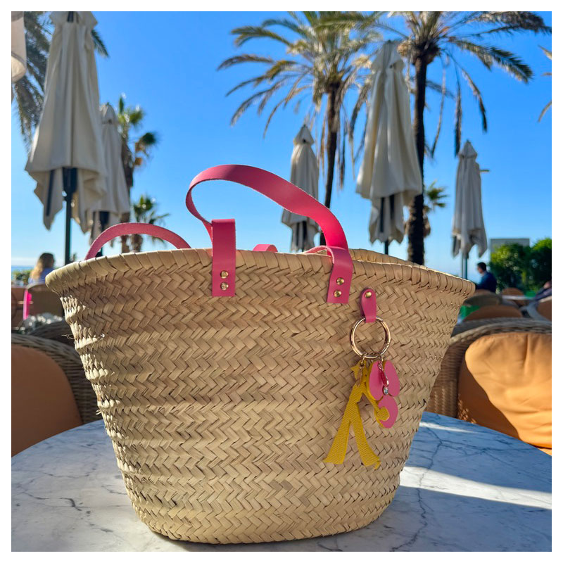 Handwoven straw basket Morocco pink handles