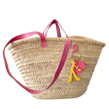 Handwoven straw basket Morocco pink handles