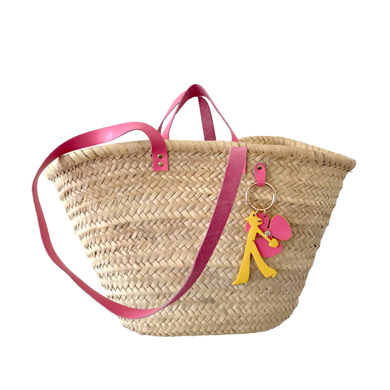 Handwoven straw basket Morocco pink handles