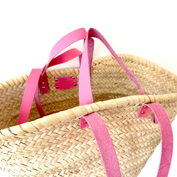 Handwoven straw basket Morocco pink handles