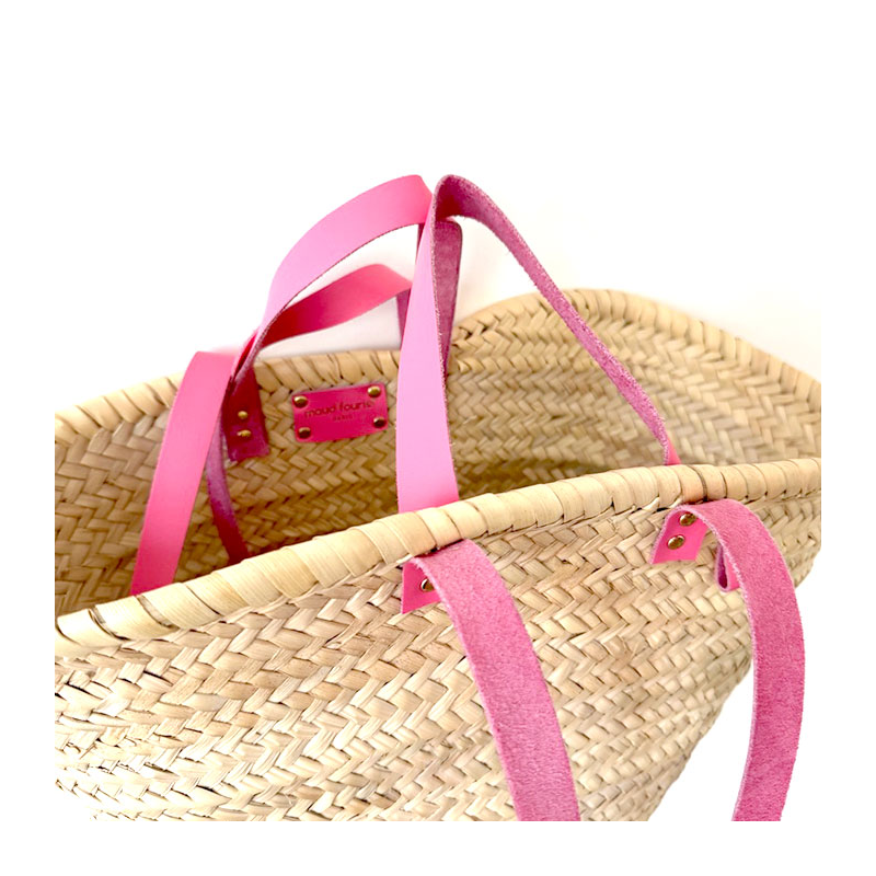 Handwoven straw basket Morocco pink handles