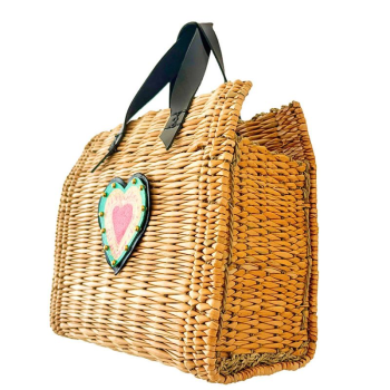 woven reed basket leather heart patent handles