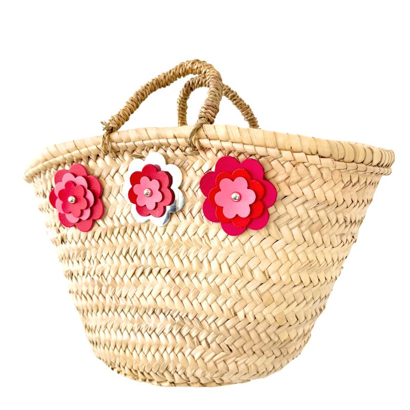 handcrafted basket 3 leather flowers front