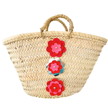 panier paille fleurs cuir flower power rouge