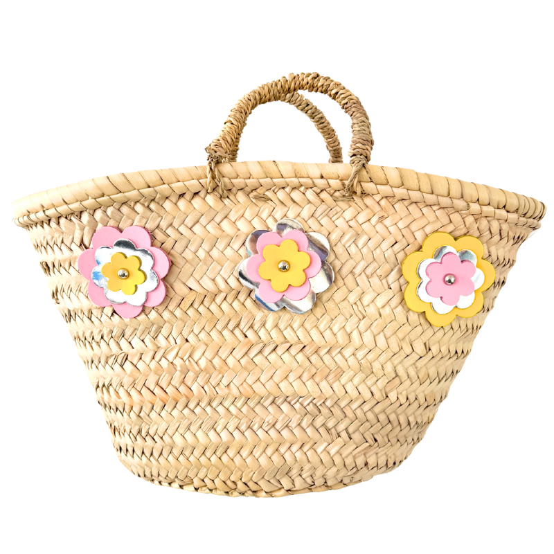 Flower Power Mini Hand Carry Basket yellow leather