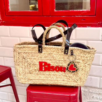 Panier BISOU en paille avec cuir verni noir