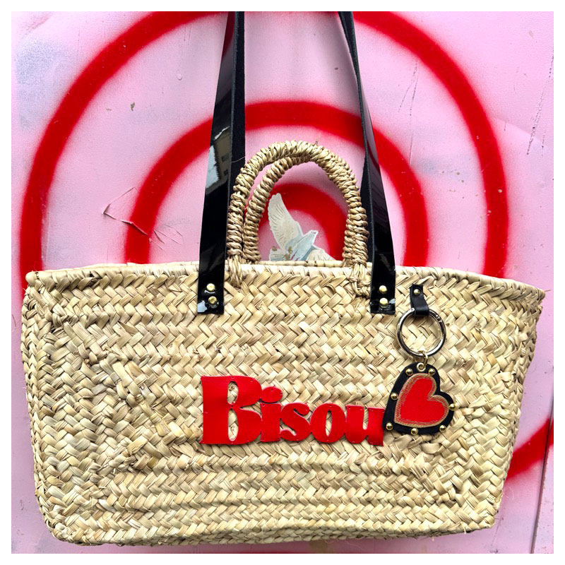 Black patent leather BISOU lettering sewn on basket