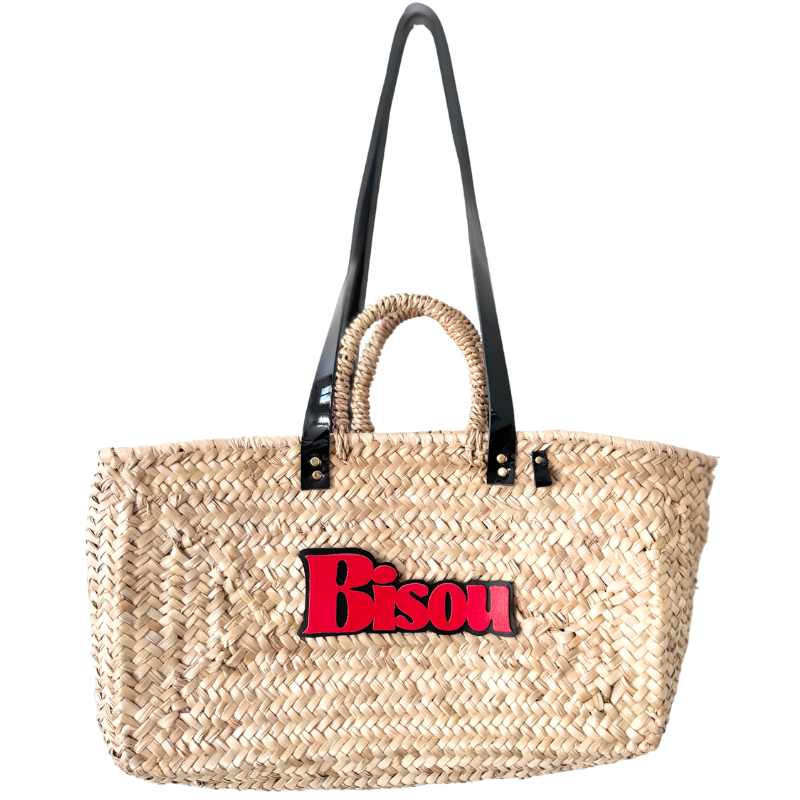 BISOU straw basket with black patent leather