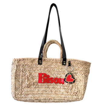 Panier BISOU en paille avec cuir verni noir upcycle