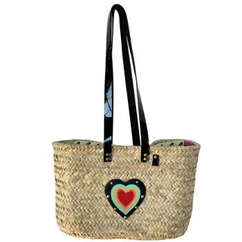Hand-painted Sacred Heart bag charm in upcycled leather